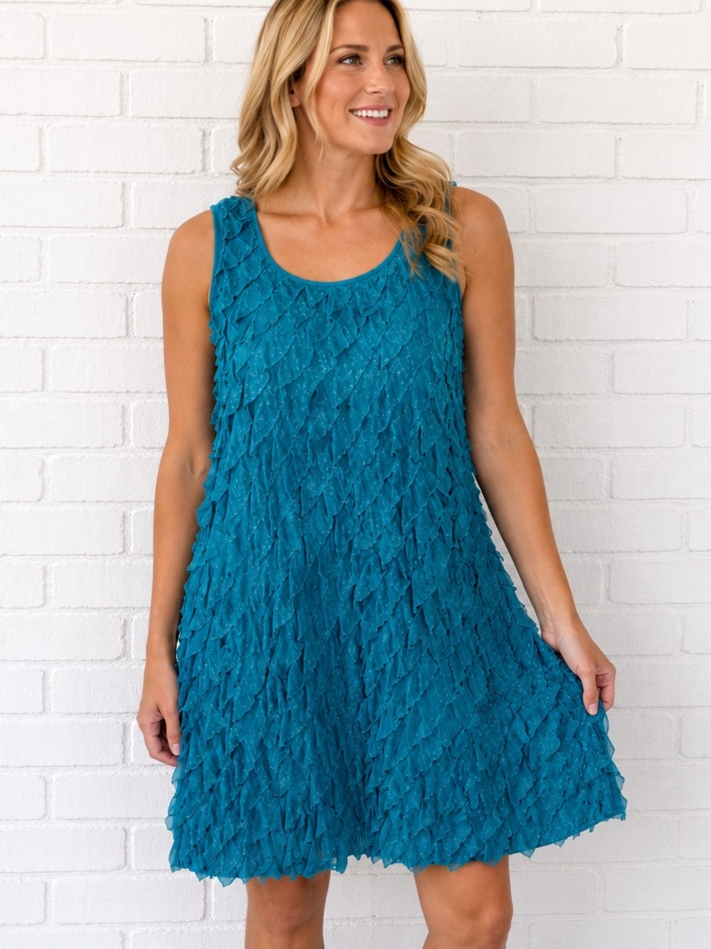 New Directions Teal Ruffle Tiered Shimmer Shift Dress Boho L
